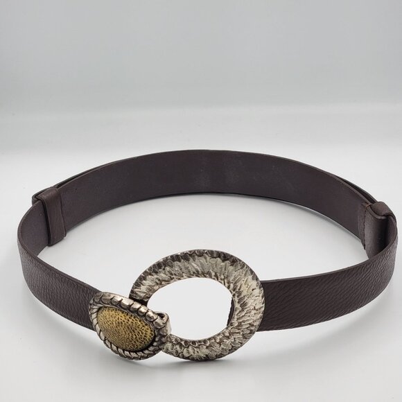 Chicos Brown Adjustable Leather Belt With Textured Silver & Gold Tone Metal Buck - Picture 1 of 16
